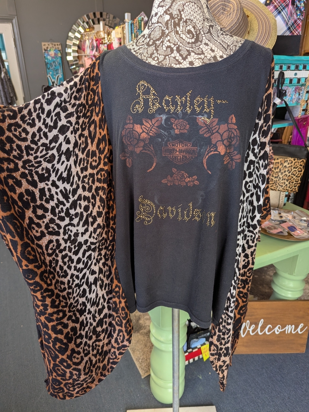 Harley-Davidson Black Floral Logo Tee with Leopard Kimono Sleeves